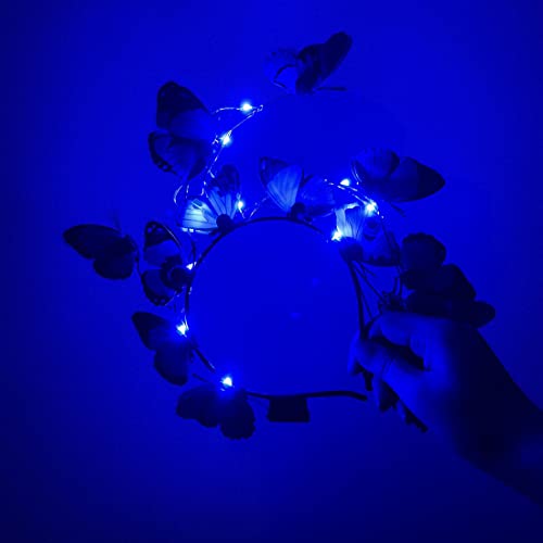 Bramian LED Butterfly Light up Headbands Glowing Headband Christmas Halloween Hair Bands Party Decorative for Women and Girls (Blue Lights)