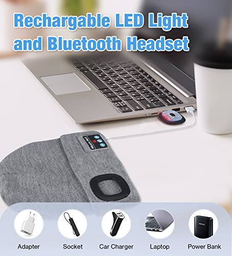 Bluetooth Beanie Hats with Light，Unisex Rechargable LED Beanie with Headphones,Tech Gifts for Men Women Dad（Black