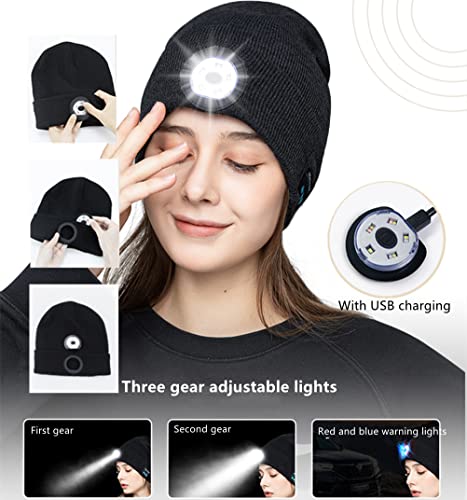 Nircho Bluetooth Beanie Hat with LED Headlight Unisex Musical Knitted Wireless USB Rechargeable Hands Free Headlamp Cap Christmas Winter Warmer Knit Hat with Light Washable for Running Skating Cycling