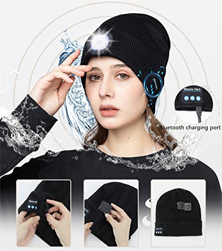 Nircho Bluetooth Beanie Hat with LED Headlight Unisex Musical Knitted Wireless USB Rechargeable Hands Free Headlamp Cap Christmas Winter Warmer Knit Hat with Light Washable for Running Skating Cycling