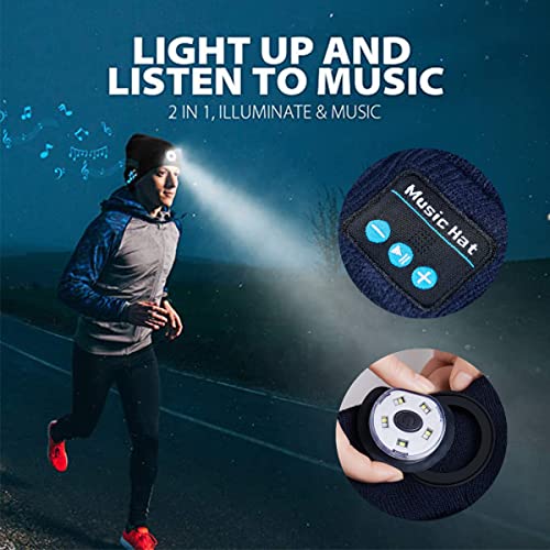 Nircho Bluetooth Beanie Hat with LED Headlight Unisex Musical Knitted Wireless USB Rechargeable Hands Free Headlamp Cap Christmas Winter Warmer Knit Hat with Light Washable for Running Skating Cycling
