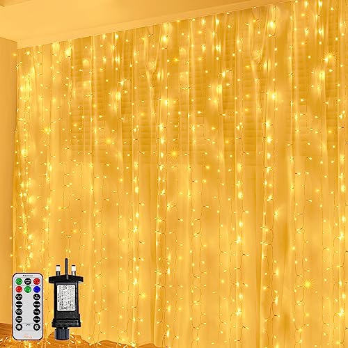 Ollny Curtain Fairy Lights Plug-in, 3m x 3m 300 LED Curtain Lights Indoor Outdoor, (Warm White)