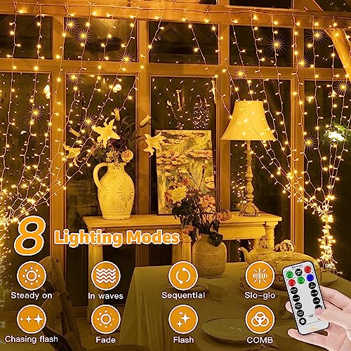 Ollny Curtain Fairy Lights Plug-in, 3m x 3m 300 LED Curtain Lights Indoor Outdoor, (Warm White)