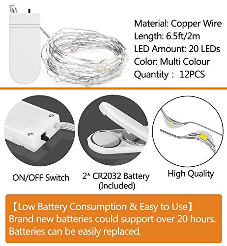 12 PCS LED Fairy String Lights Battery Operated, 20 LEDs 6.5Ft/2M Micro Copper Wire Lights, Waterproof Christmas Starry Decor Rope Lamps for DIY Wedding Party Festival Decorations (Multi-Colour)