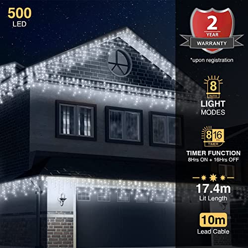 ANSIO® Outdoor Christmas Lights 500 LED 17.4m/56ft Icicle Lights Outdoor & Indoor Cool White Decorations String Fairy Outside Lights with Timer for Xmas Garden Bedroom Party|Mains Powered Green Cable