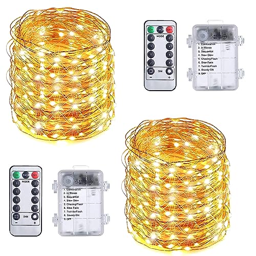 RJEDL Fairy Lights String Lights Battery Operated, 2 Pack 10m 100 LED Copper Wire Lighting with 8 Modes Remote Control IP67 Waterproof for Indoor Outdoor Halloween Christmas Party Wedding Bedroom