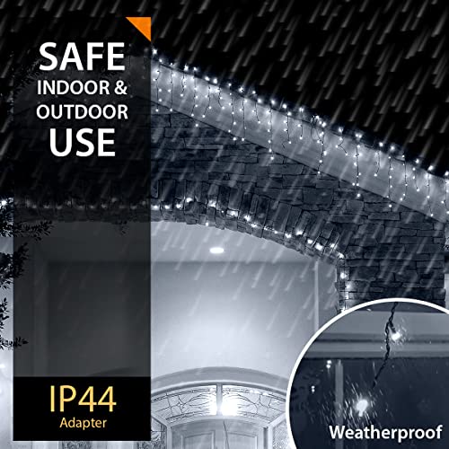 ANSIO® Outdoor Christmas Lights 500 LED 17.4m/56ft Icicle Lights Outdoor & Indoor Cool White Decorations String Fairy Outside Lights with Timer for Xmas Garden Bedroom Party|Mains Powered Green Cable