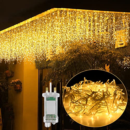 JNGLGO Icicle Lights Outdoor, Christmas Curtain Lights 10M 400 LED, Hanging Fairy Lights Plug in with 8 Modes Waterproof String Lights for Christmas Party Wedding Easter Decorations, Warm White