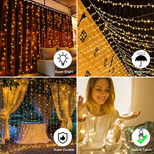 Ollny Curtain Fairy Lights Plug-in, 3m x 3m 300 LED Curtain Lights Indoor Outdoor, (Warm White)