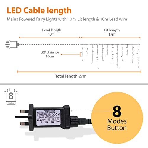 ANSIO® Outdoor Christmas Lights 500 LED 17.4m/56ft Icicle Lights Outdoor & Indoor Cool White Decorations String Fairy Outside Lights with Timer for Xmas Garden Bedroom Party|Mains Powered Green Cable