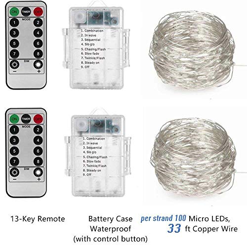 Fairy String Lights, 2 Set 33ft 100 Led Fairy Lights Battery Operated Silver Wire Lights with Remote Control, 8 Mode Waterproof Lights for Home Garden Bedroom Centerpiece Wedding Party (Cool White)