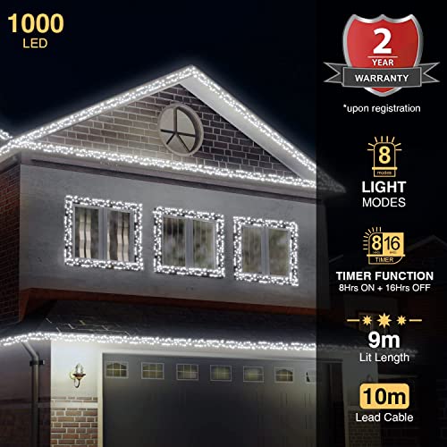 ANSIO® Christmas Lights 1000 LED 12m/39ft Cluster Christmas Tree Lights for Indoor & Outdoor Cool White Decorations Fairy Lights with Timer for Xmas Garden Bedroom & Party | Mains Powered Green Cable