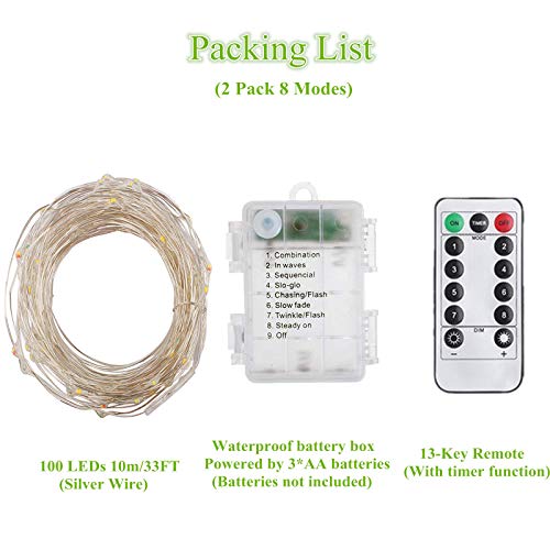 Led String Lights Battery Powered,[2 Pack] 100 LEDs 33ft Fairy String Lights Battery Operated Waterproof 8 Modes with Remote Control Christmas Decoration Lights (Cool White)
