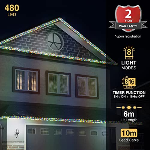 ANSIO® Christmas Lights 480 LED 6m/20ft Cluster Christmas Tree Lights for Indoor & Outdoor Multicoloured Decorations Fairy Lights with Timer for Xmas Garden Bedroom & Party | Mains Powered Green Cable