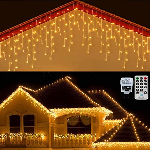 CERIAL 20M Icicle Lights Outdoor Christmas Curtain Fairy Lights Mains Powered Outside Ice Lights with 108 Drops for Indoor Gazebo Balcony Decorations, Warm White
