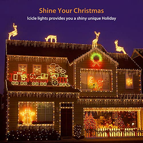 CERIAL 20M Icicle Lights Outdoor Christmas Curtain Fairy Lights Mains Powered Outside Ice Lights with 108 Drops for Indoor Gazebo Balcony Decorations, Warm White