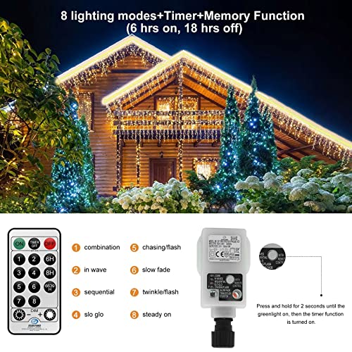 CERIAL 20M Icicle Lights Outdoor Christmas Curtain Fairy Lights Mains Powered Outside Ice Lights with 108 Drops for Indoor Gazebo Balcony Decorations, Warm White