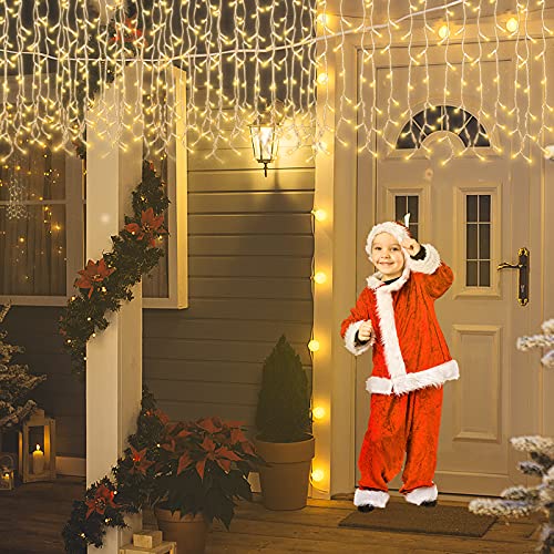 JNGLGO Icicle Lights Outdoor, Christmas Curtain Lights 10M 400 LED, Hanging Fairy Lights Plug in with 8 Modes Waterproof String Lights for Christmas Party Wedding Easter Decorations, Warm White