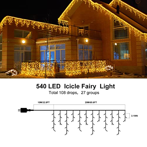 CERIAL 20M Icicle Lights Outdoor Christmas Curtain Fairy Lights Mains Powered Outside Ice Lights with 108 Drops for Indoor Gazebo Balcony Decorations, Warm White