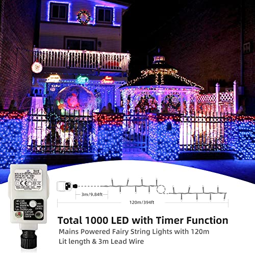 Heceltt Christmas Lights Outdoor Decorations, Extra Long 120m 1000LED Mains Powered Fairy Lights, Outside Waterproof Plug in String Lights for Xmas Festival Party Holiday Wedding Decor(Blue)