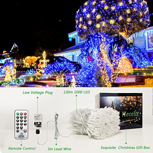 Heceltt Christmas Lights Outdoor Decorations, Extra Long 120m 1000LED Mains Powered Fairy Lights, Outside Waterproof Plug in String Lights for Xmas Festival Party Holiday Wedding Decor(Blue)