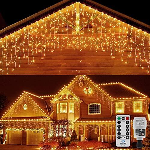 CERIAL 20M Icicle Lights Outdoor Christmas Curtain Fairy Lights Mains Powered Outside Ice Lights with 108 Drops for Indoor Gazebo Balcony Decorations, Warm White