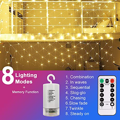 3m x 2m Outdoor Net Lights, Battery Operated 200 LED Lights Waterproof, 8 modes Remote Timer Dimmable Gazebo Curtain Ceiling Mesh Light for Bush Fence Party Christmas Tree Decoration, 2400K Warm White