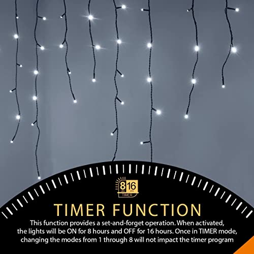 ANSIO® Outdoor Christmas Lights 220 LED 7.5m/24ft Icicle Lights Outdoor & Indoor Cool White Decorations String Fairy Outside Lights with Timer for Xmas Garden Bedroom & Party|Mains Powered Green Cable