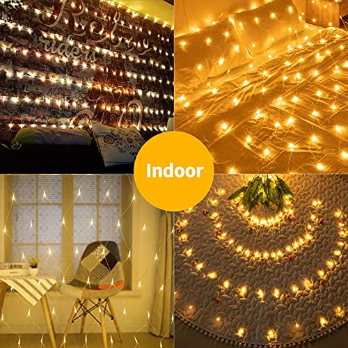 3m x 2m Outdoor Net Lights, Battery Operated 200 LED Lights Waterproof, 8 modes Remote Timer Dimmable Gazebo Curtain Ceiling Mesh Light for Bush Fence Party Christmas Tree Decoration, 2400K Warm White