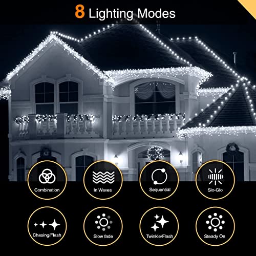 ANSIO® Outdoor Christmas Lights 220 LED 7.5m/24ft Icicle Lights Outdoor & Indoor Cool White Decorations String Fairy Outside Lights with Timer for Xmas Garden Bedroom & Party|Mains Powered Green Cable