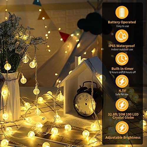 RJEDL Garden String Lights Battery Operated Globe Fairy Lights,2 Pack 20M/66ft 200LEDs 8 Modes Waterproof Crystal Balls Lights with Remote Control for Indoor Outdoor Party Christmas Warm White
