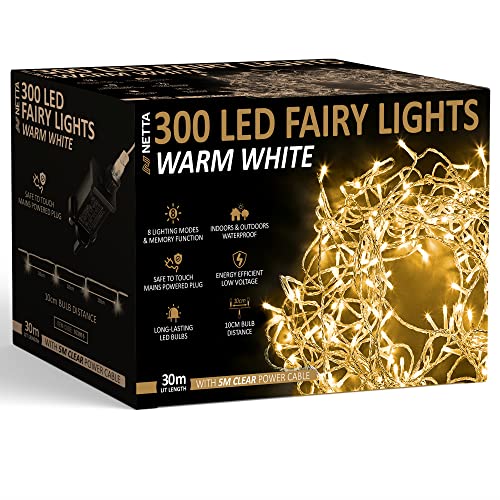 Christmas Tree Lights 300 LED 30m Lit Length Warm White with Clear Cable - Fairy String Party Lights Plug in with Memory Functions, 10cm Bulb Distance - Suitable for Outdoor/Indoor Use