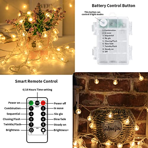 RJEDL Garden String Lights Battery Operated Globe Fairy Lights,2 Pack 20M/66ft 200LEDs 8 Modes Waterproof Crystal Balls Lights with Remote Control for Indoor Outdoor Party Christmas Warm White