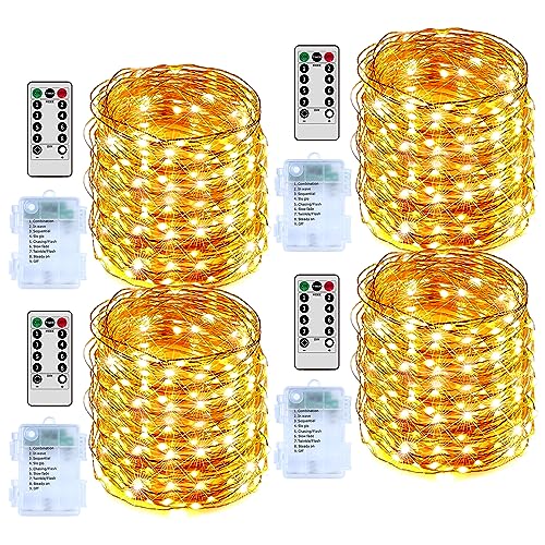 RJEDL 4 Pack Fairy Lights Battery Operated,10M 100LED Copper Wire String Lights with 8 Modes with Timer, Waterproof Decorative Lighting for Indoor Outdoor Bedroom Christmas Tree Wedding Warm White