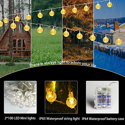 RJEDL Garden String Lights Battery Operated Globe Fairy Lights,2 Pack 20M/66ft 200LEDs 8 Modes Waterproof Crystal Balls Lights with Remote Control for Indoor Outdoor Party Christmas Warm White