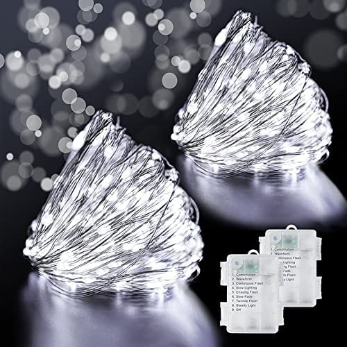 Fairy Lights Battery Operated, [2 Pack] 39Ft 120 LED Outdoor String Lights Battery Powered Waterproof 8 Modes Decorative Lights for Bedroom, Wedding, Christmas Tree, Garden, White