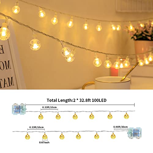 RJEDL Garden String Lights Battery Operated Globe Fairy Lights,2 Pack 20M/66ft 200LEDs 8 Modes Waterproof Crystal Balls Lights with Remote Control for Indoor Outdoor Party Christmas Warm White