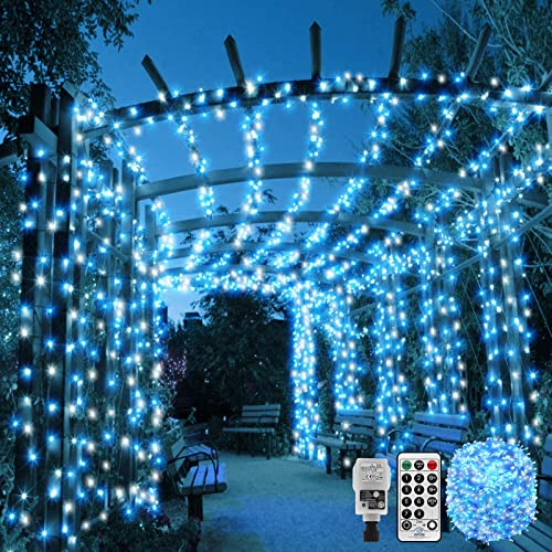 CORST 100m 600LED Outdoor Fairy Lights Plug in Long Outdoor Christmas Lights Garden Tree Lights Mains Powered Waterproof with Remote & Timer 8 Modes for Indoor Gazebo Thanksgiving Decor(Blue+White)