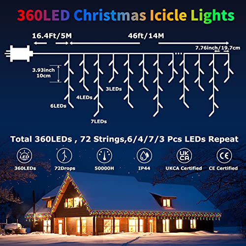 LITOHOM Icicle Outdoor Christmas Lights, 14m/46ft, 360 LED Multicolored Icicle Lights, IP44 Waterproof 8 Lighting Modes & Memory Function, Energy Saving, Mains Powered Christmas House Lights