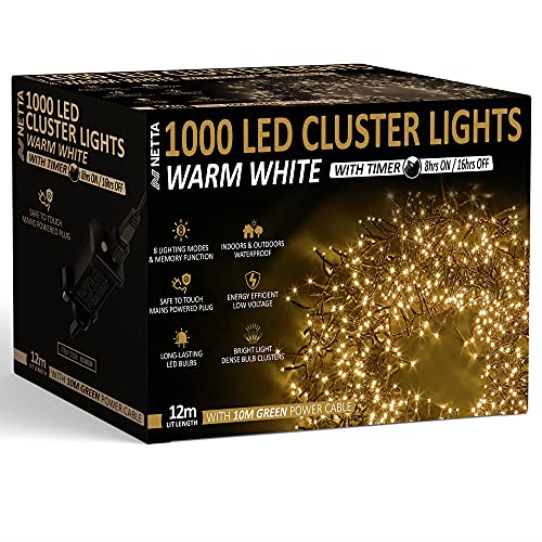 Christmas Tree Lights Cluster Lights 1000 LED - 8 Hours On Timer, 8 Light Modes, Plug in, Waterproof Indoor & Outdoor Use – 1000 LED / 12m Lit Length, Warm White