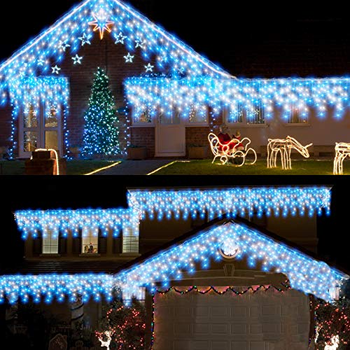 CORST 10M Outdoor icicle lights Mains Powered Window Curtain Fairy Lights Long Outside Fairy Light Plug In 400LEDs Connectable, 8 Modes for Room,Gazebo Decor(Blue+White)