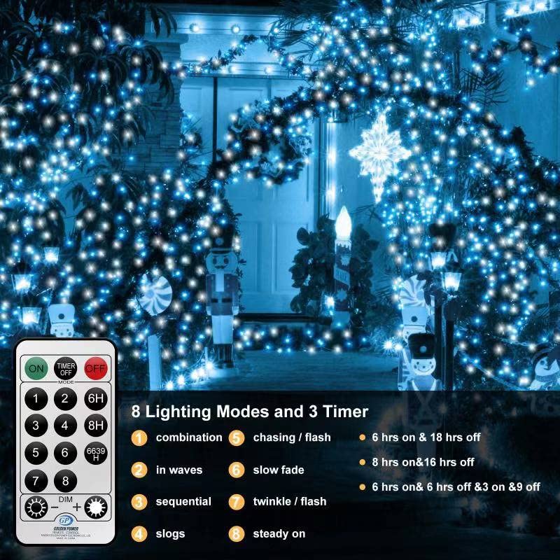 CORST 100m 600LED Outdoor Fairy Lights Plug in Long Outdoor Christmas Lights Garden Tree Lights Mains Powered Waterproof with Remote & Timer 8 Modes for Indoor Gazebo Thanksgiving Decor(Blue+White)