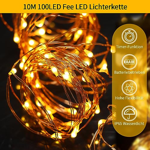 RJEDL 4 Pack Fairy Lights Battery Operated,10M 100LED Copper Wire String Lights with 8 Modes with Timer, Waterproof Decorative Lighting for Indoor Outdoor Bedroom Christmas Tree Wedding Warm White