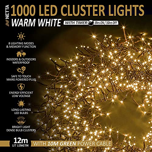 Christmas Tree Lights Cluster Lights 1000 LED - 8 Hours On Timer, 8 Light Modes, Plug in, Waterproof Indoor & Outdoor Use – 1000 LED / 12m Lit Length, Warm White