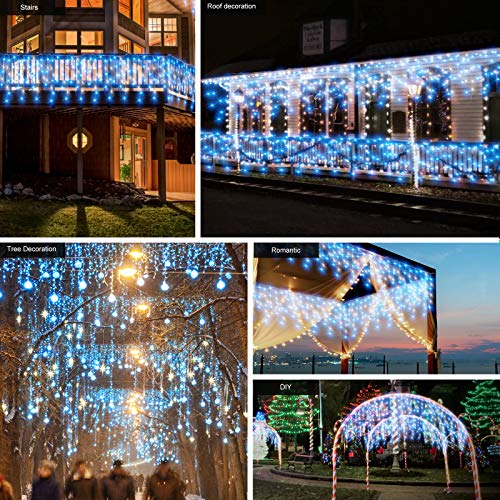 CORST 10M Outdoor icicle lights Mains Powered Window Curtain Fairy Lights Long Outside Fairy Light Plug In 400LEDs Connectable, 8 Modes for Room,Gazebo Decor(Blue+White)