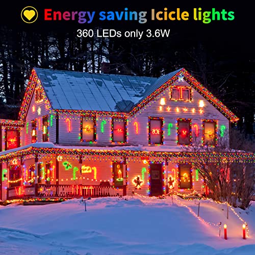 LITOHOM Icicle Outdoor Christmas Lights, 14m/46ft, 360 LED Multicolored Icicle Lights, IP44 Waterproof 8 Lighting Modes & Memory Function, Energy Saving, Mains Powered Christmas House Lights