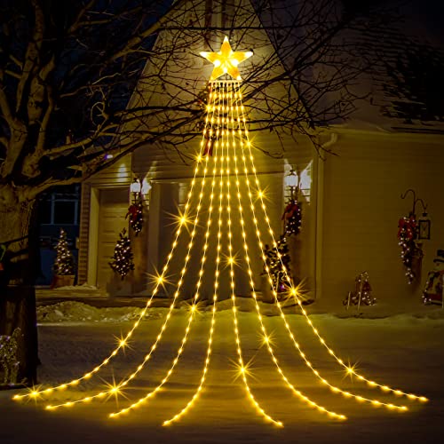 Outdoor Christmas Decorations, 3.5M Christmas Star Lights LED Waterfall Christmas Lights 8 Modes Waterproof Christmas Tree Fairy Lights Outdoor String Lights for Xmas Tree Home Party Garden Bedroom