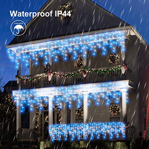 CORST 10M Outdoor icicle lights Mains Powered Window Curtain Fairy Lights Long Outside Fairy Light Plug In 400LEDs Connectable, 8 Modes for Room,Gazebo Decor(Blue+White)