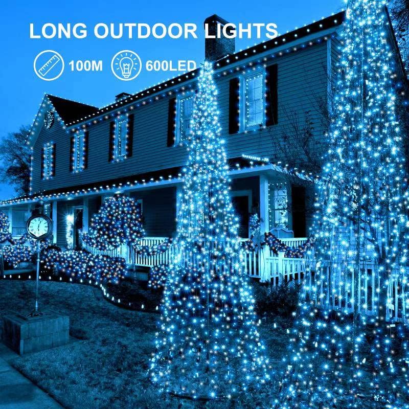 CORST 100m 600LED Outdoor Fairy Lights Plug in Long Outdoor Christmas Lights Garden Tree Lights Mains Powered Waterproof with Remote & Timer 8 Modes for Indoor Gazebo Thanksgiving Decor(Blue+White)
