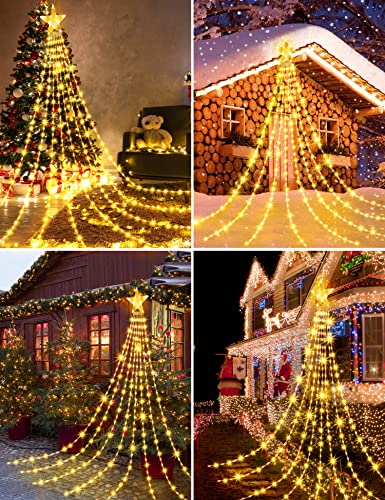 Outdoor Christmas Decorations, 3.5M Christmas Star Lights LED Waterfall Christmas Lights 8 Modes Waterproof Christmas Tree Fairy Lights Outdoor String Lights for Xmas Tree Home Party Garden Bedroom
